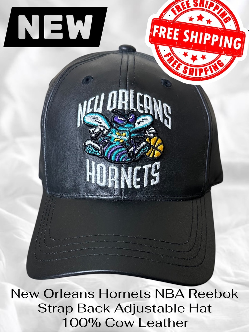New Orleans Hornets NBA Reebok Strap Back Adj Hat 100% Cow Leather FREE SHIPPING